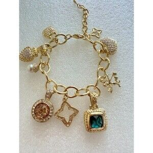 Gold Tone Chunky Charm Bracelet Teal & Champagne Glass Crystal Rhinestone Heart
